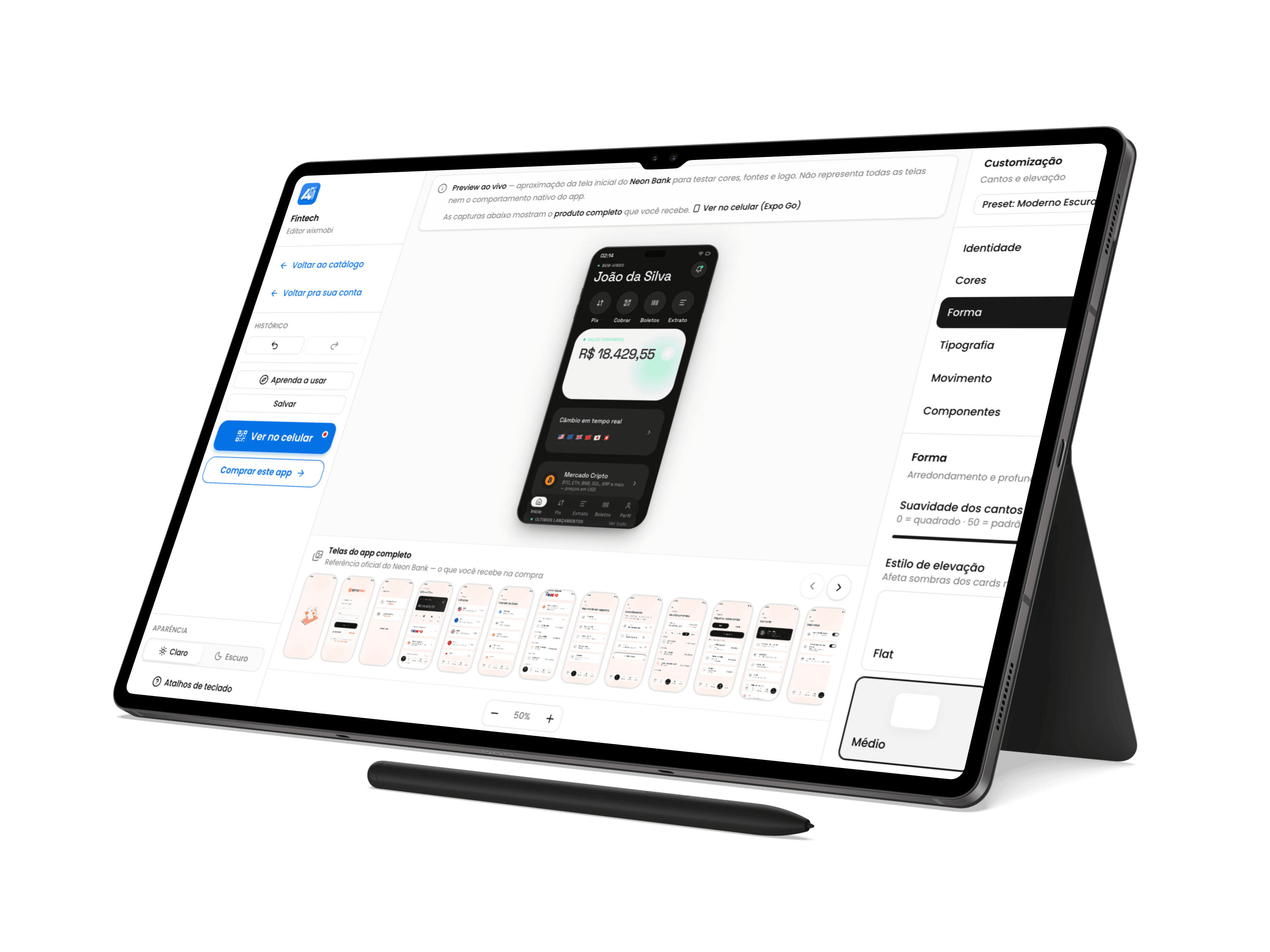 Editor visual da wixmobi para personalizar apps antes de comprar